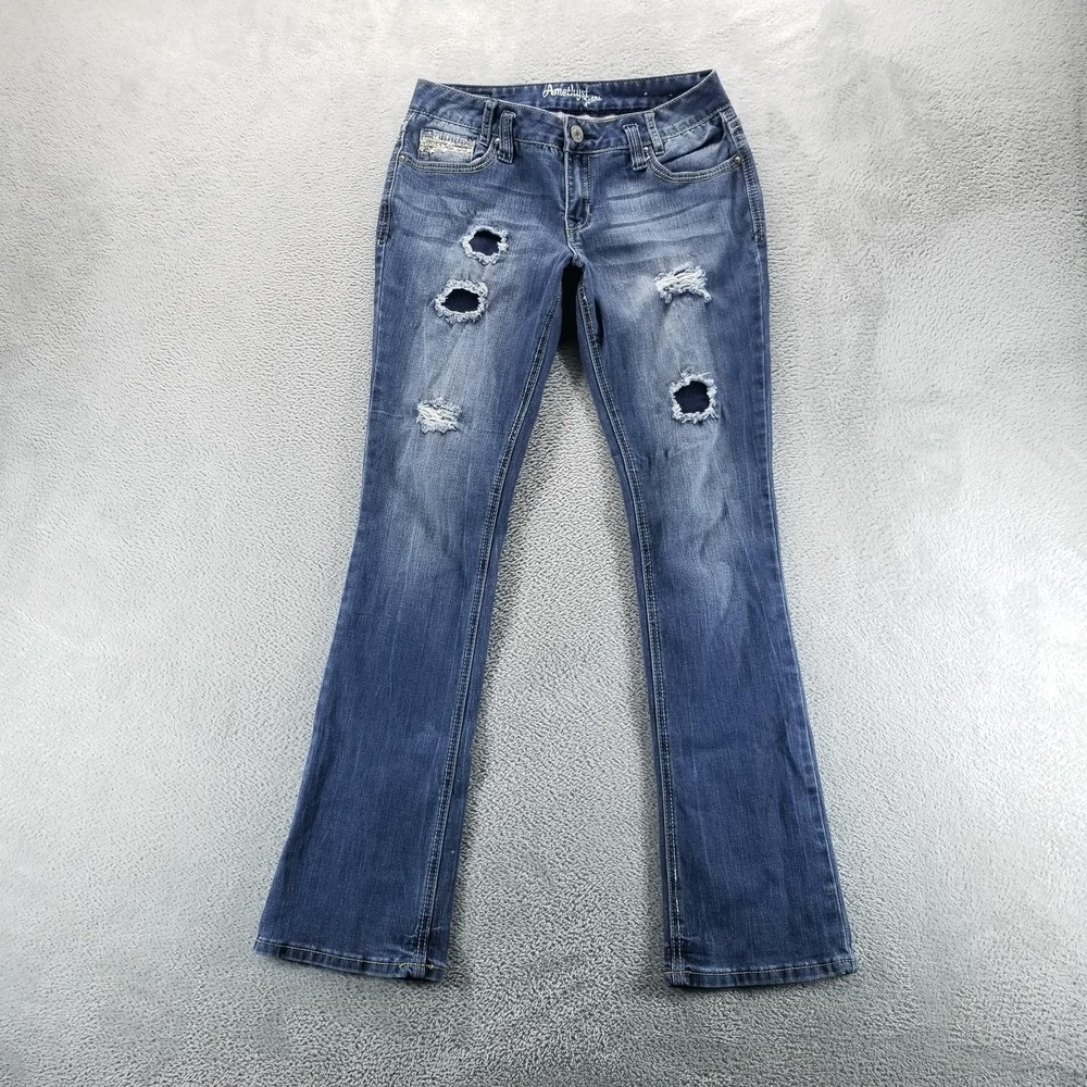 Amethyst Jeans Womens 7 Blue Bootcut Low Rise Distressed Embroidered Stretch Y2K